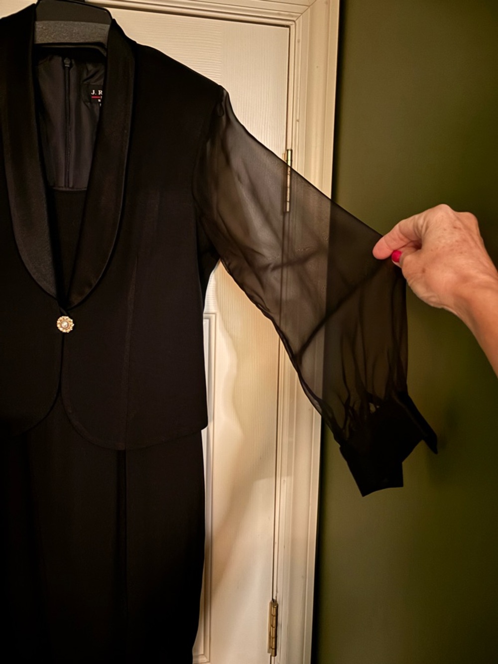 J.R.Nites Elegant Black Two-Piece Evening Dress with Side Slit and Sheer Sleeves - Picture 2 of 8